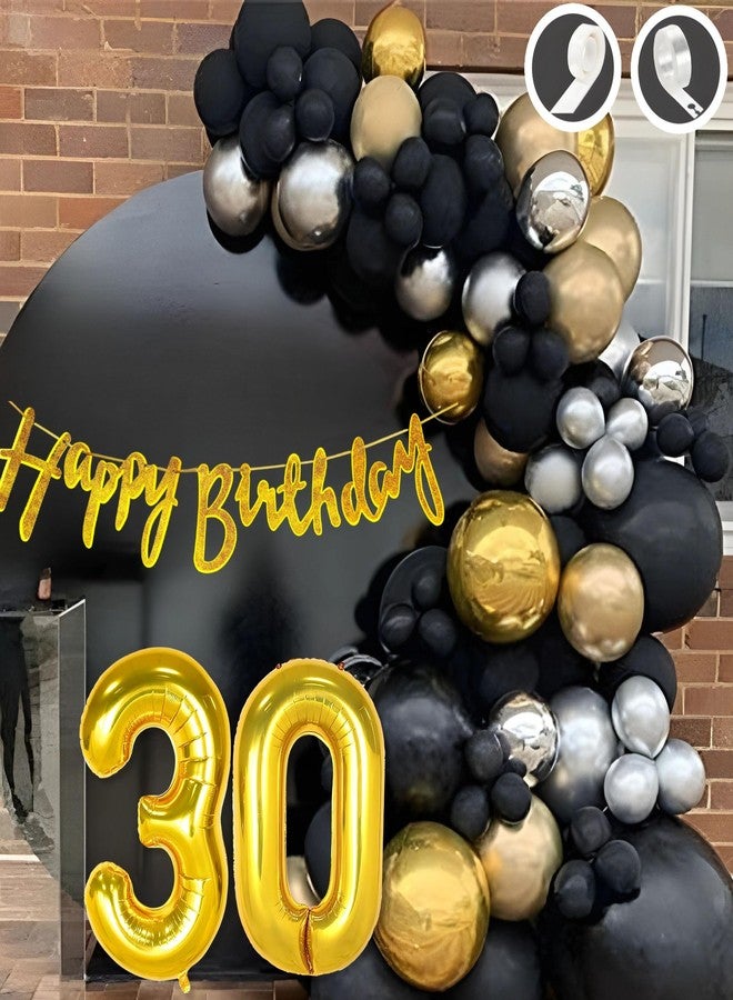 Flyloons 30th Happy Birthday Decoration Golden and Black Theme Combination for Boys Girls | 30 Pcs Gold Black Silver Balloons | Gold Happy Birthday Cursive Glitter Banner | Arch Tape | Glue Dots - Image 1